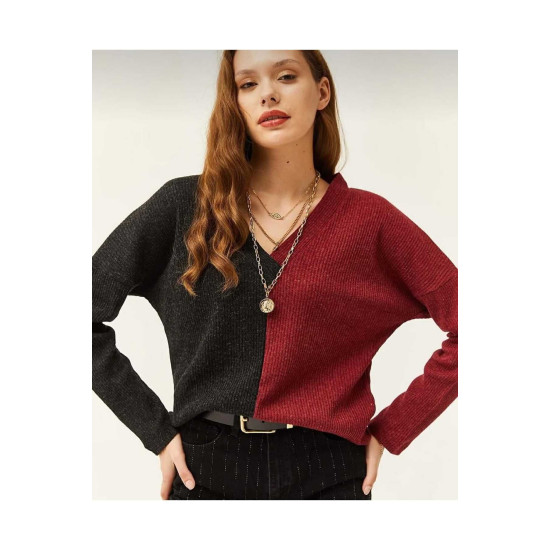 Pasaklı Giyim Kadın V Yaka Uzun Kollu Iki Renkli Kışlık Kazak Bordo Antrasit