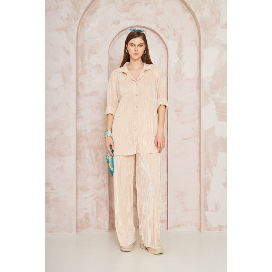 Pasaklı Giyim kadın Piliseli Bürümcük Pantolon Tunik Alt Üst Takım Bej