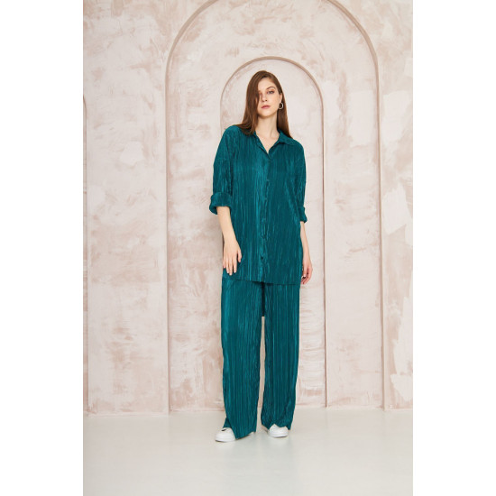 Pasaklı Giyim kadın Piliseli Bürümcük Pantolon Tunik Alt Üst Takım Zümrüt