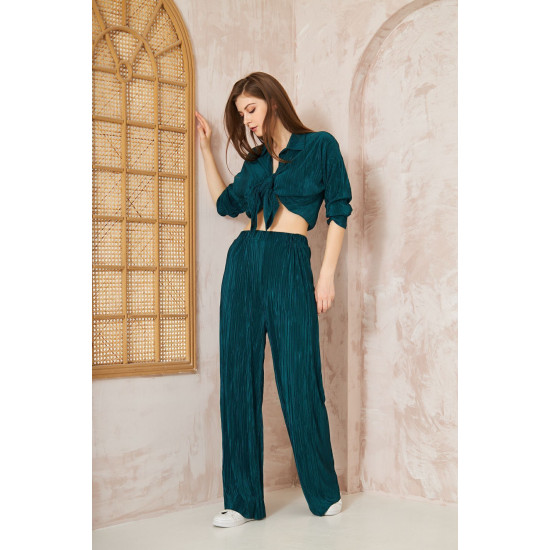Pasaklı Giyim kadın Piliseli Bürümcük Pantolon Tunik Alt Üst Takım Petrol