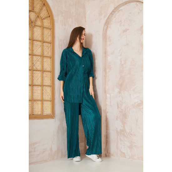 Pasaklı Giyim kadın Piliseli Bürümcük Pantolon Tunik Alt Üst Takım Zümrüt