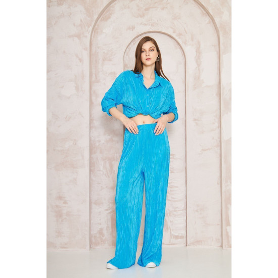 Pasaklı Giyim kadın Piliseli Bürümcük Pantolon Tunik Alt Üst Takım Mavi