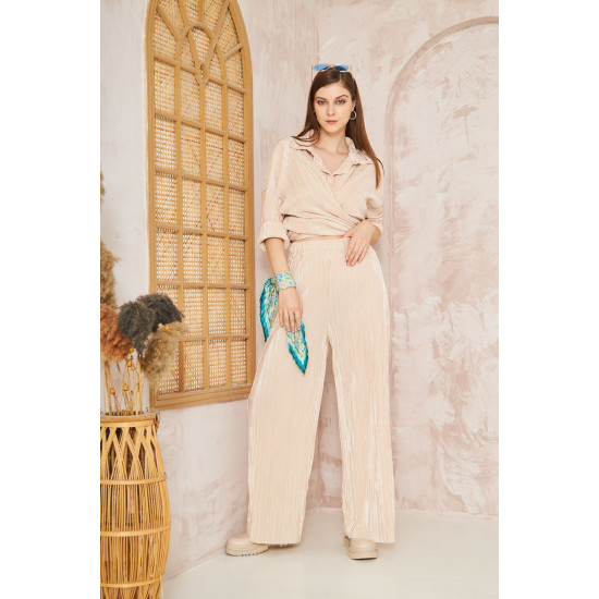 Pasaklı Giyim kadın Piliseli Bürümcük Pantolon Tunik Alt Üst Takım Bej