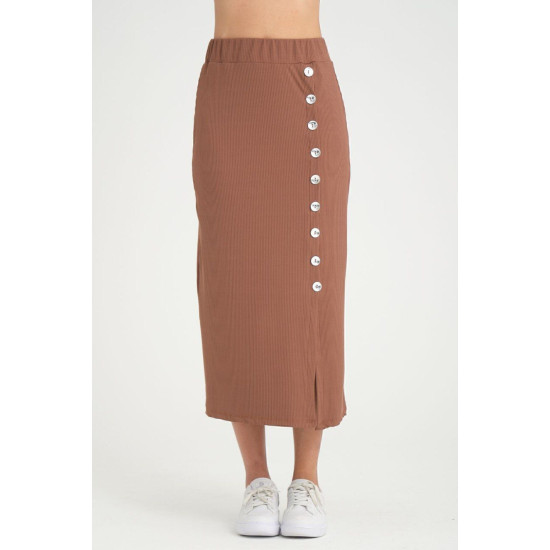 Pasaklı Giyim Kadın Kahverengi Beli Lastikli Yırtmaçlı Likralı Kaşkorse Uzun Etek