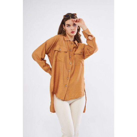 Pasaklı Giyim Kadın Oversize Arkası Uzun Tunik Gömlek Bej
