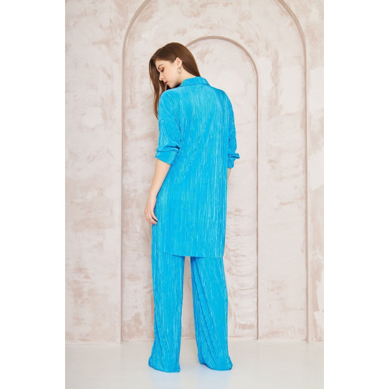 Pasaklı Giyim kadın Piliseli Bürümcük Pantolon Tunik Alt Üst Takım Mavi