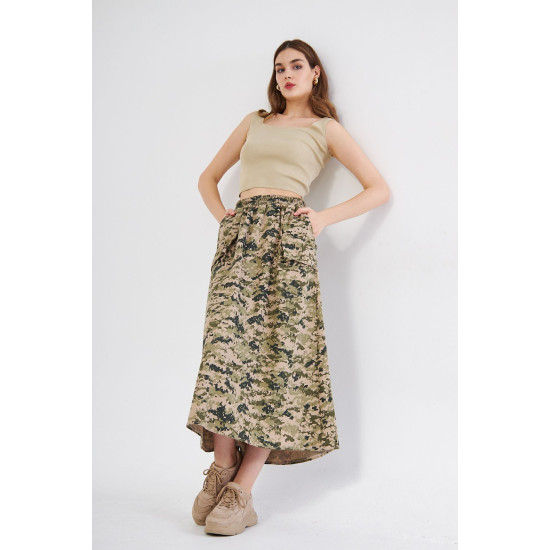 Pasaklı Giyim Kadın Kamuflaj Desen Gabardin Etek Haki Bej