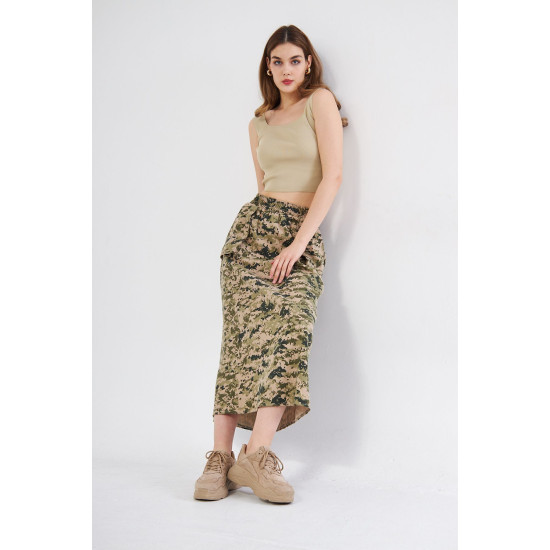 Pasaklı Giyim Kadın Kamuflaj Desen Gabardin Etek Haki Bej