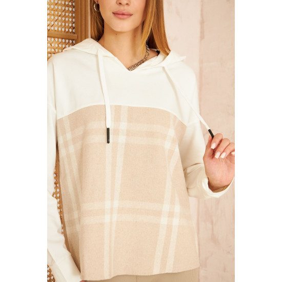 Pasaklı Giyim Kadın Kapüşonlu Oduncu Sweatshirt Bej Ekose