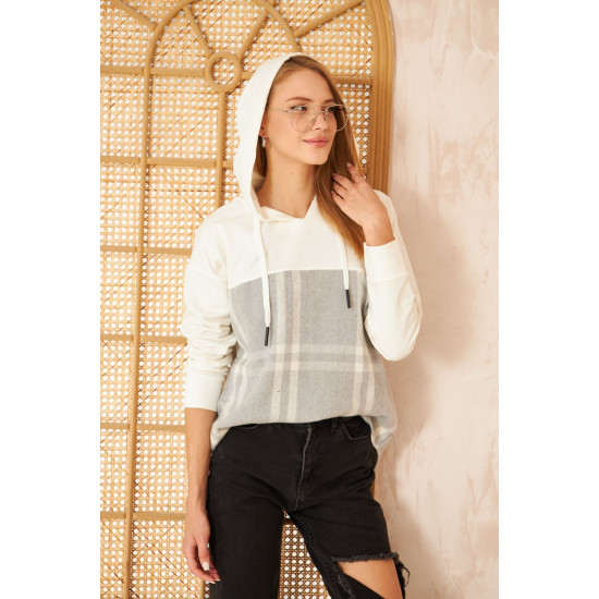 Pasaklı Giyim Kadın Kapüşonlu Oduncu Sweatshirt Gri Ekose