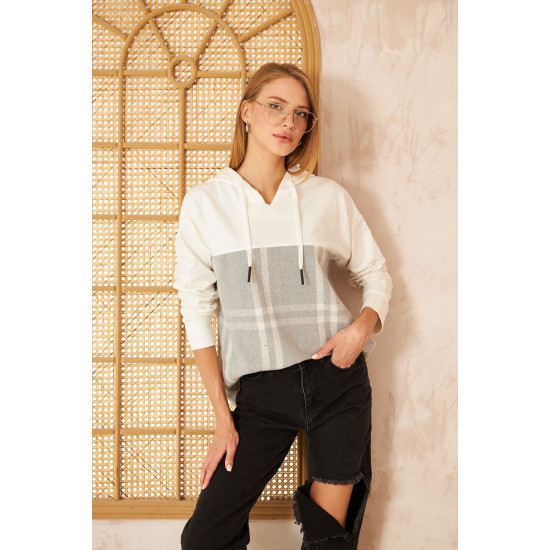 Pasaklı Giyim Kadın Kapüşonlu Oduncu Sweatshirt Gri Ekose