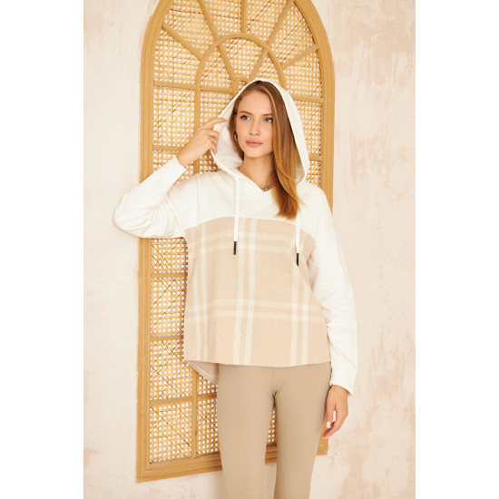 Pasaklı Giyim Kadın Kapüşonlu Oduncu Sweatshirt Bej Ekose