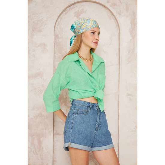 Pasaklı Giyim Kadın Flamlı Keten Gömlek Yeşil