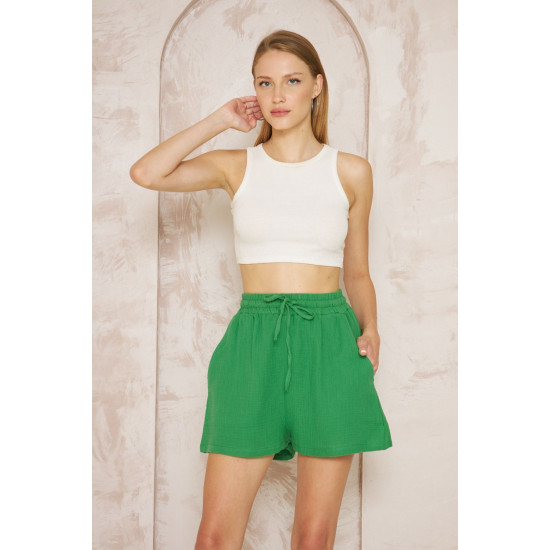 Pasaklı Giyim Kadın Müslin %100 Pamuk Beli Lastikli Şort Yeşil