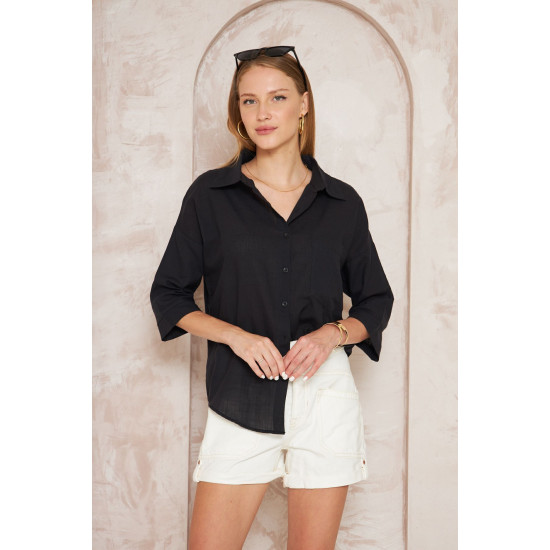 Pasaklı Giyim Kadın Flamlı Keten Gömlek Siyah