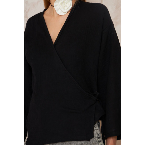 Pasaklı giyim Kadın %100 Pamuk Bağcıklı Bluz Siyah