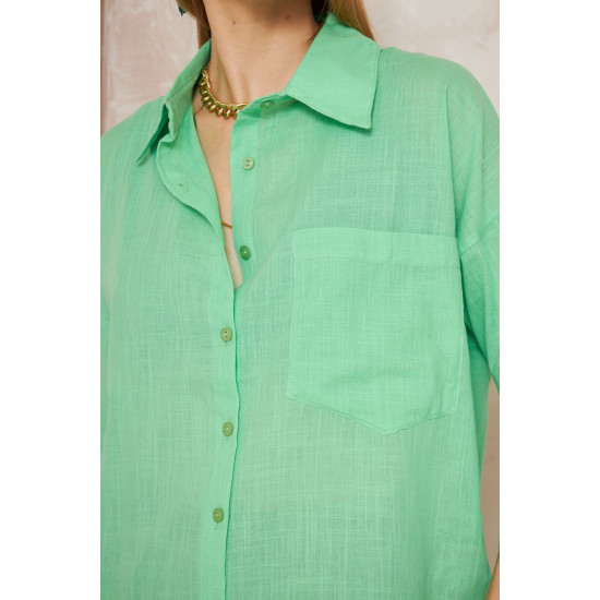 Pasaklı Giyim Kadın Flamlı Keten Gömlek Yeşil