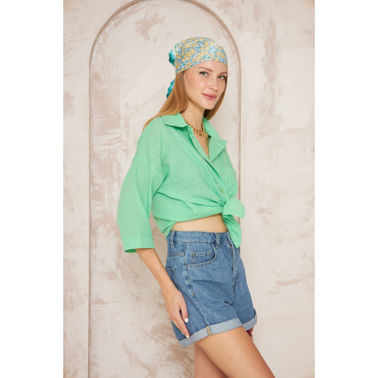 Pasaklı Giyim Kadın Flamlı Keten Gömlek Yeşil