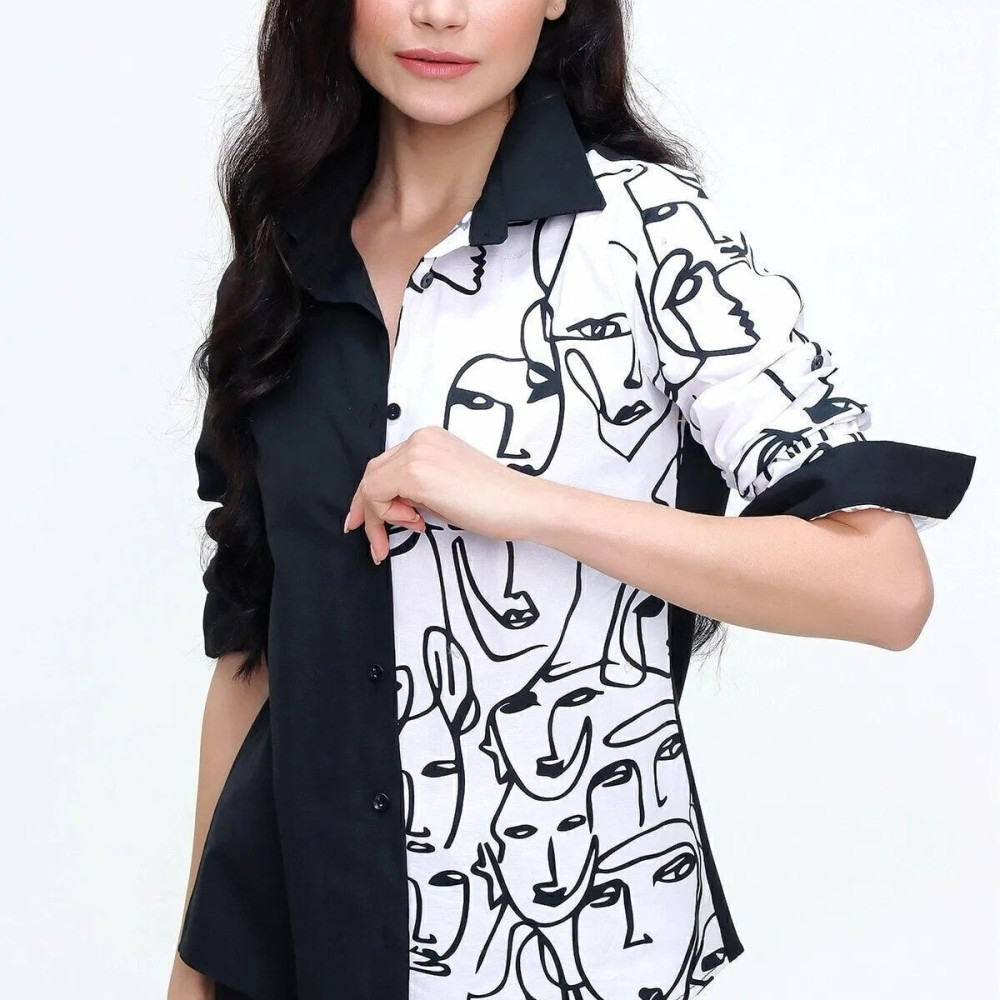 Pasaklı Giyim Kadın Yüz Silüetli Basic Gömlek 3074190 Siyah Beyaz