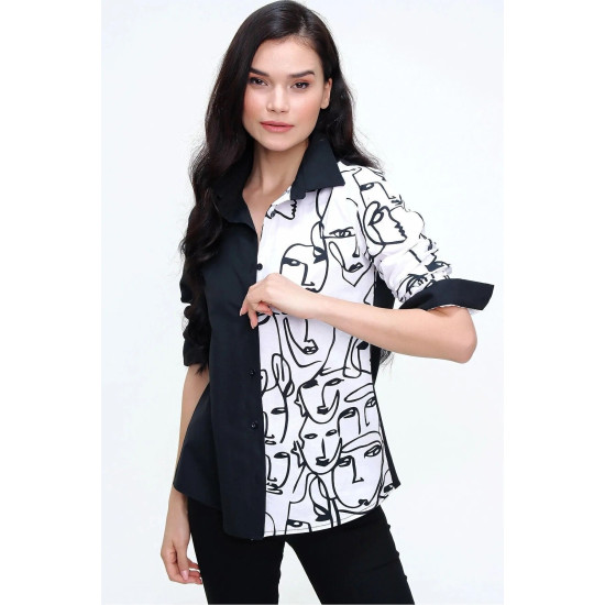 Pasaklı Giyim Kadın Yüz Silüetli Basic Gömlek Siyah Beyaz