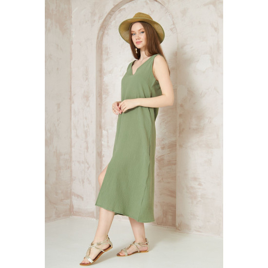 Pasaklı Giyim Kadın %100 Pamuk Müslin Elbise Haki