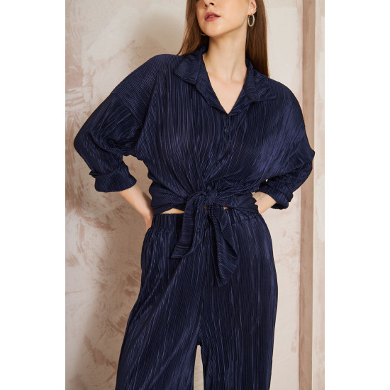 Pasaklı Giyim kadın Piliseli Bürümcük Pantolon Tunik Alt Üst Takım Lacivert
