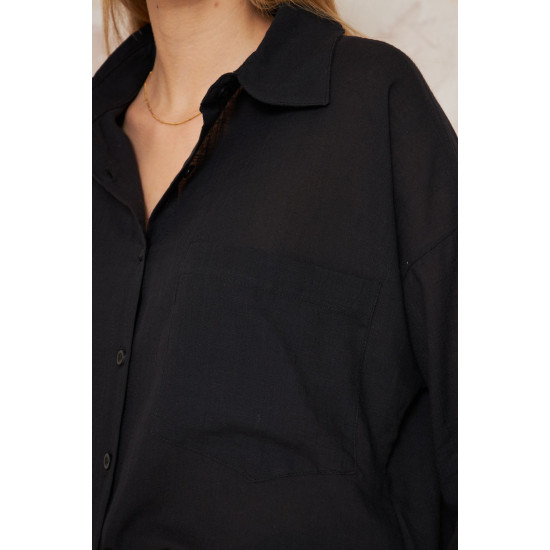 Pasaklı Giyim Kadın Flamlı Keten Gömlek Siyah