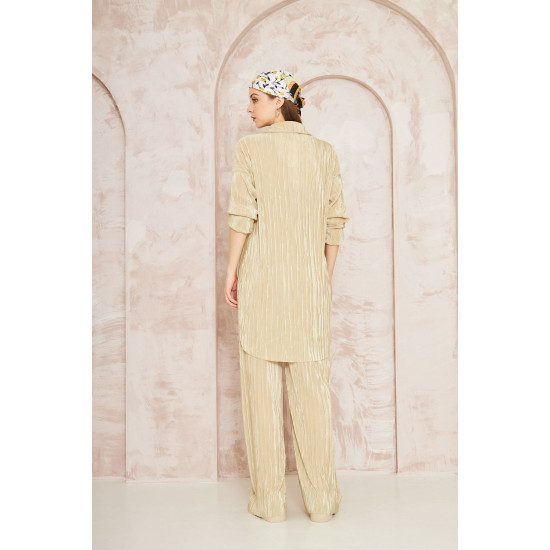 Pasaklı Giyim kadın Piliseli Bürümcük Pantolon Tunik Alt Üst Takım Gold