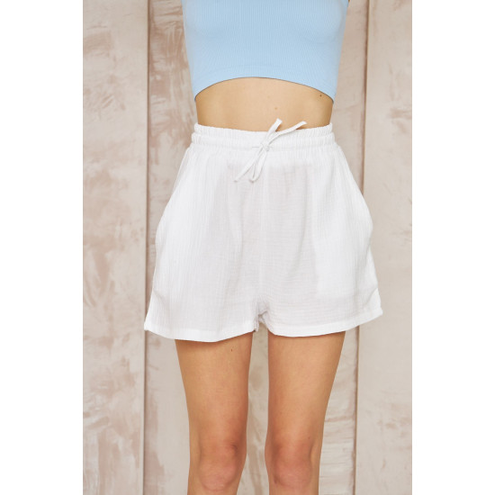 Pasaklı Giyim Kadın Müslin %100 Pamuk Beli Lastikli Şort Beyaz