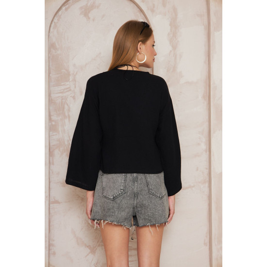 Pasaklı giyim Kadın %100 Pamuk Bağcıklı Bluz Siyah
