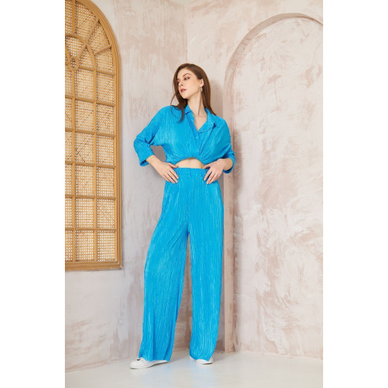 Pasaklı Giyim kadın Piliseli Bürümcük Pantolon Tunik Alt Üst Takım Mavi