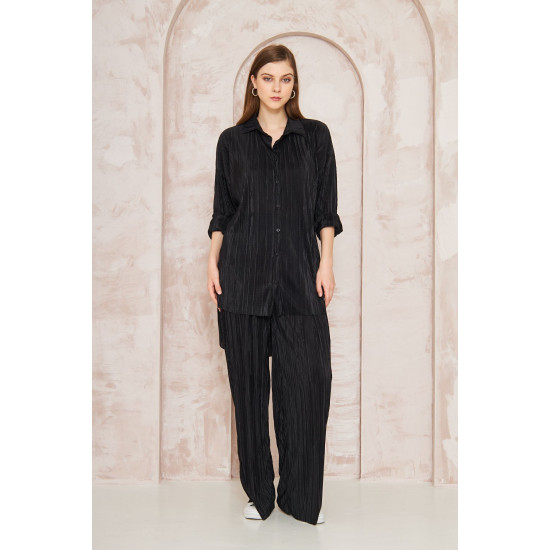 Pasaklı Giyim kadın Piliseli Bürümcük Pantolon Tunik Alt Üst Takım Siyah