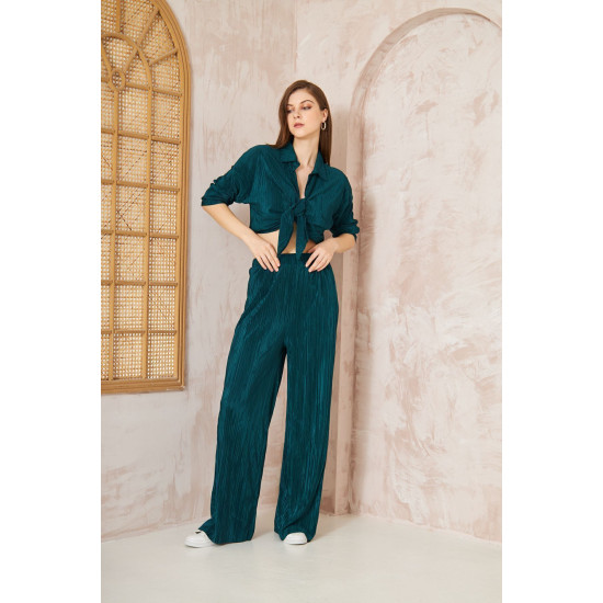 Pasaklı Giyim kadın Piliseli Bürümcük Pantolon Tunik Alt Üst Takım Petrol