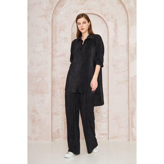 Pasaklı Giyim kadın Piliseli Bürümcük Pantolon Tunik Alt Üst Takım Siyah