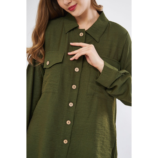 Pasaklı Giyim Kadın Oversize Arkası Uzun Tunik Gömlek Haki