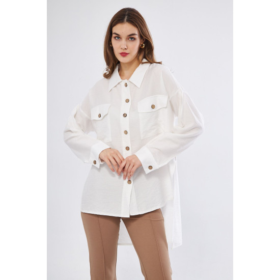 Pasaklı Giyim Kadın Oversize Arkası Uzun Tunik Gömlek Beyaz