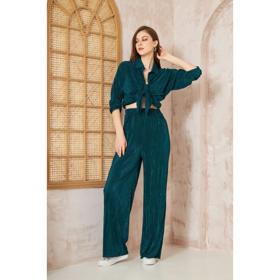 Pasaklı Giyim kadın Piliseli Bürümcük Pantolon Tunik Alt Üst Takım Petrol
