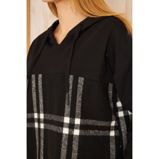 Pasaklı Giyim Kadın Kapüşonlu Oduncu Sweatshirt Siyah Ekose