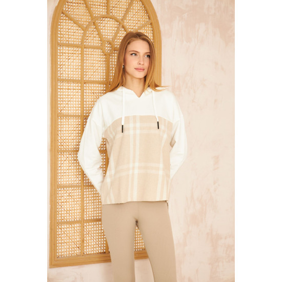 Pasaklı Giyim Kadın Kapüşonlu Oduncu Sweatshirt Bej Ekose