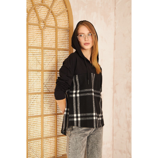 Pasaklı Giyim Kadın Kapüşonlu Oduncu Sweatshirt Siyah Ekose