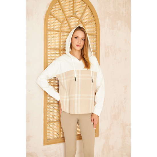 Pasaklı Giyim Kadın Kapüşonlu Oduncu Sweatshirt Bej Ekose