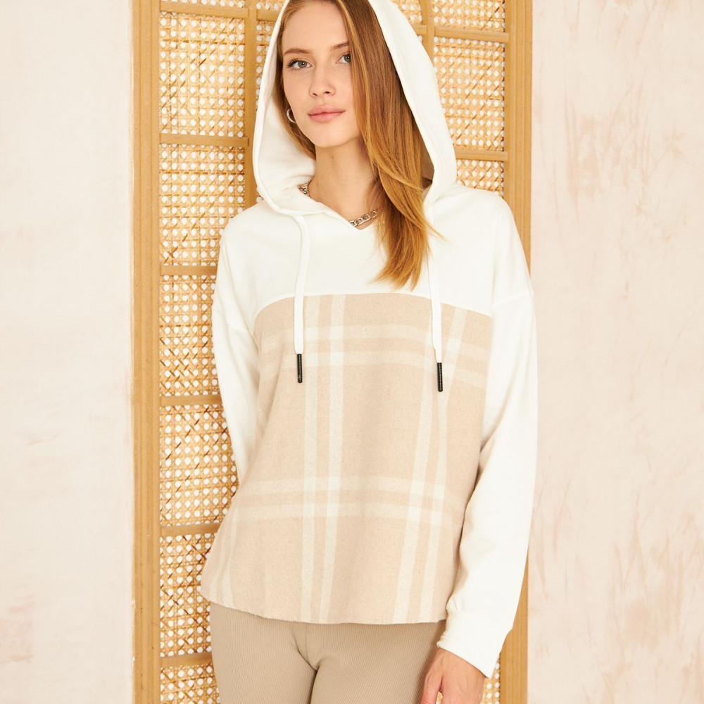 Pasaklı Giyim Kadın Kapüşonlu Oduncu Sweatshirt Bej Ekose 3565231