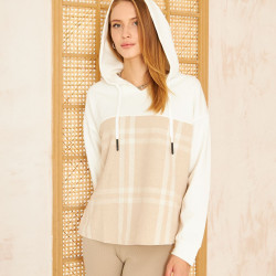 Pasaklı Giyim Kadın Kapüşonlu Oduncu Sweatshirt Bej Ekose 3565231