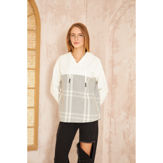 Pasaklı Giyim Kadın Kapüşonlu Oduncu Sweatshirt Gri Ekose