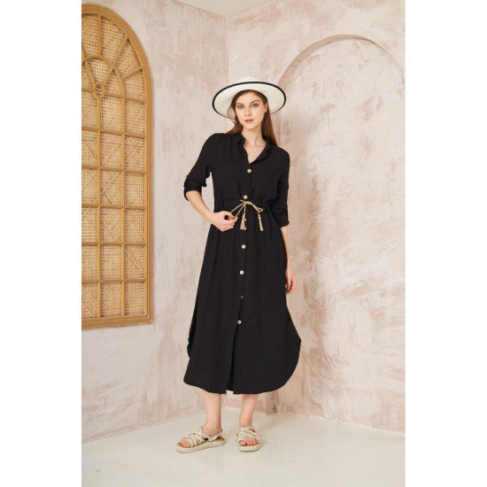 Pasaklı Giyim Kadın Hasır Kemerli Gömlek Elbise Siyah