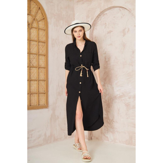 Pasaklı Giyim Kadın Hasır Kemerli Gömlek Elbise Siyah