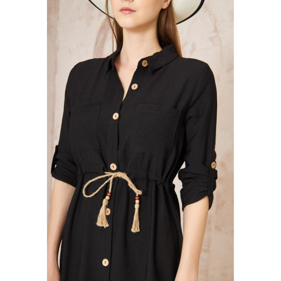 Pasaklı Giyim Kadın Hasır Kemerli Gömlek Elbise Siyah