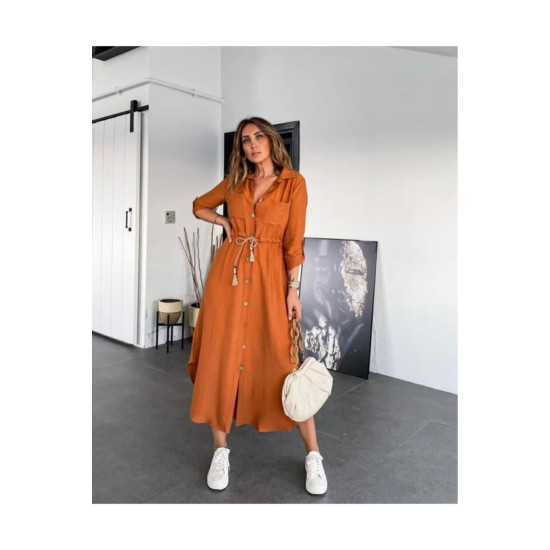 Pasaklı Giyim Kadın Hasır Kemerli Gömlek Elbise Kiremit