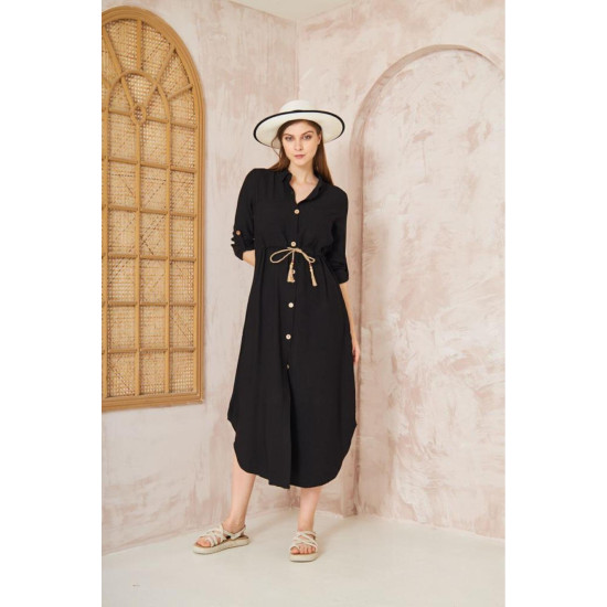 Pasaklı Giyim Kadın Hasır Kemerli Gömlek Elbise Siyah