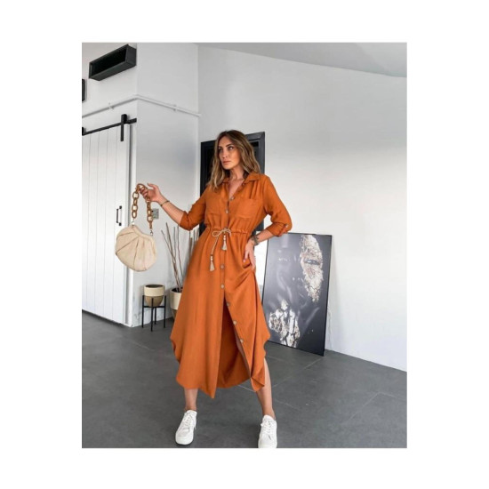 Pasaklı Giyim Kadın Hasır Kemerli Gömlek Elbise Kiremit